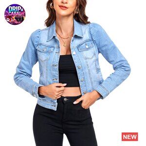 Cropped Denim Jacket Puff Sleeves Ripped Stretchy Chic Y2K Casual Essential